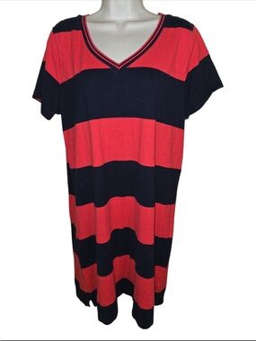 Tommy Hilfiger Navy and Coral Striped V-Neck Dress SZ XL